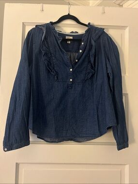 JCREW Denim Ruffle-Trim Button Front Top - Blue